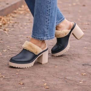 Free People James Cozy Fur Shearling Leather Mule Chunky Heel Shoe Size 41